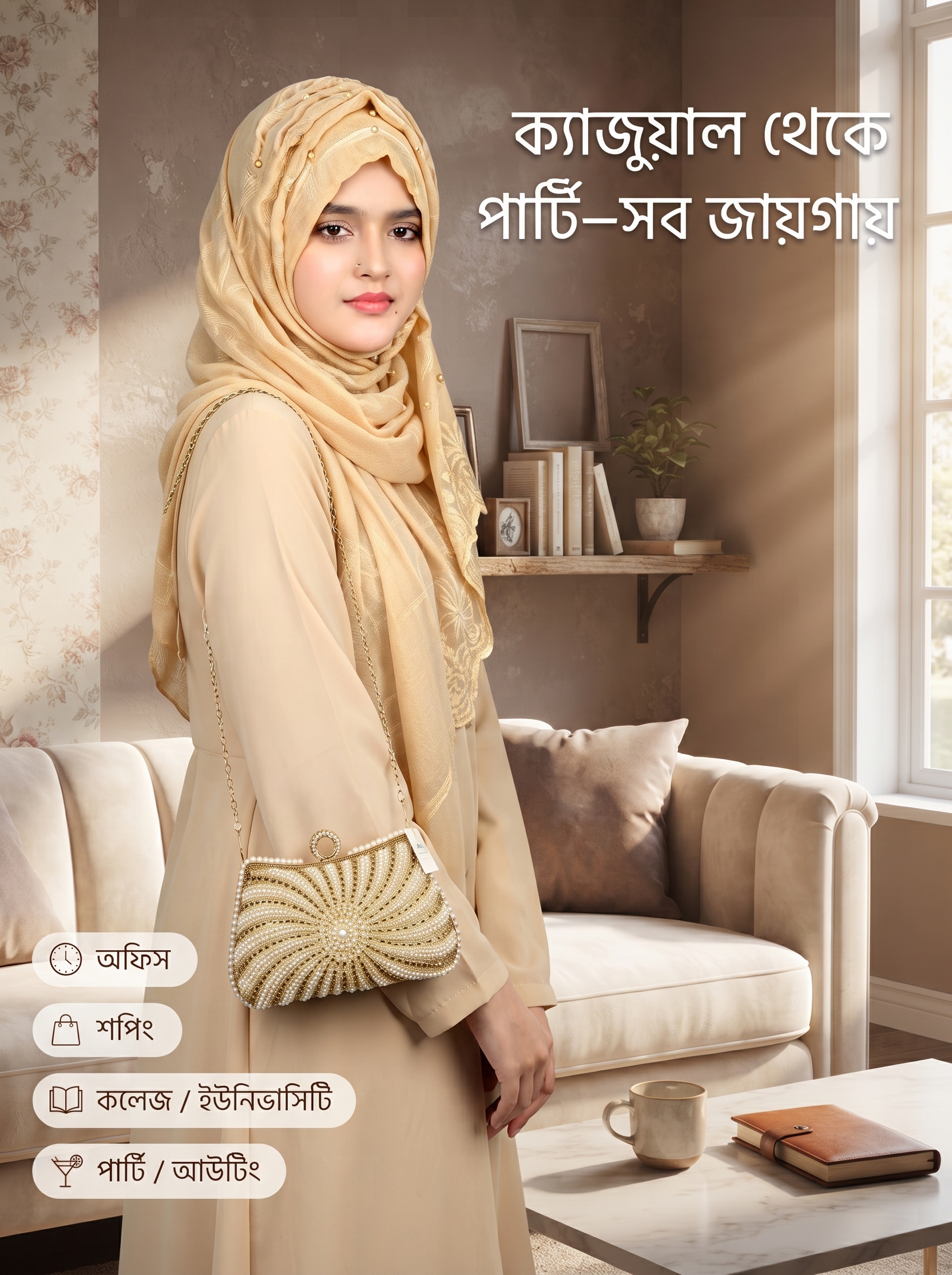 এলিগ্যান্ট গোল্ডেন পার্ল ক্লাচ ব্যাগ — পার্টি ও বিয়ের জন্য পারফেক্ট - Image 8
